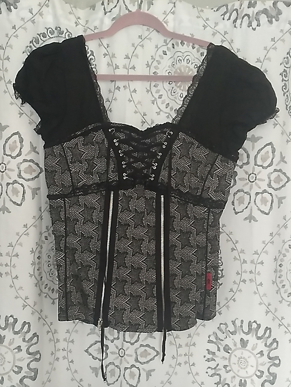 Tripp NYC Black Lace-Up Corset Top with Puff Sleeves